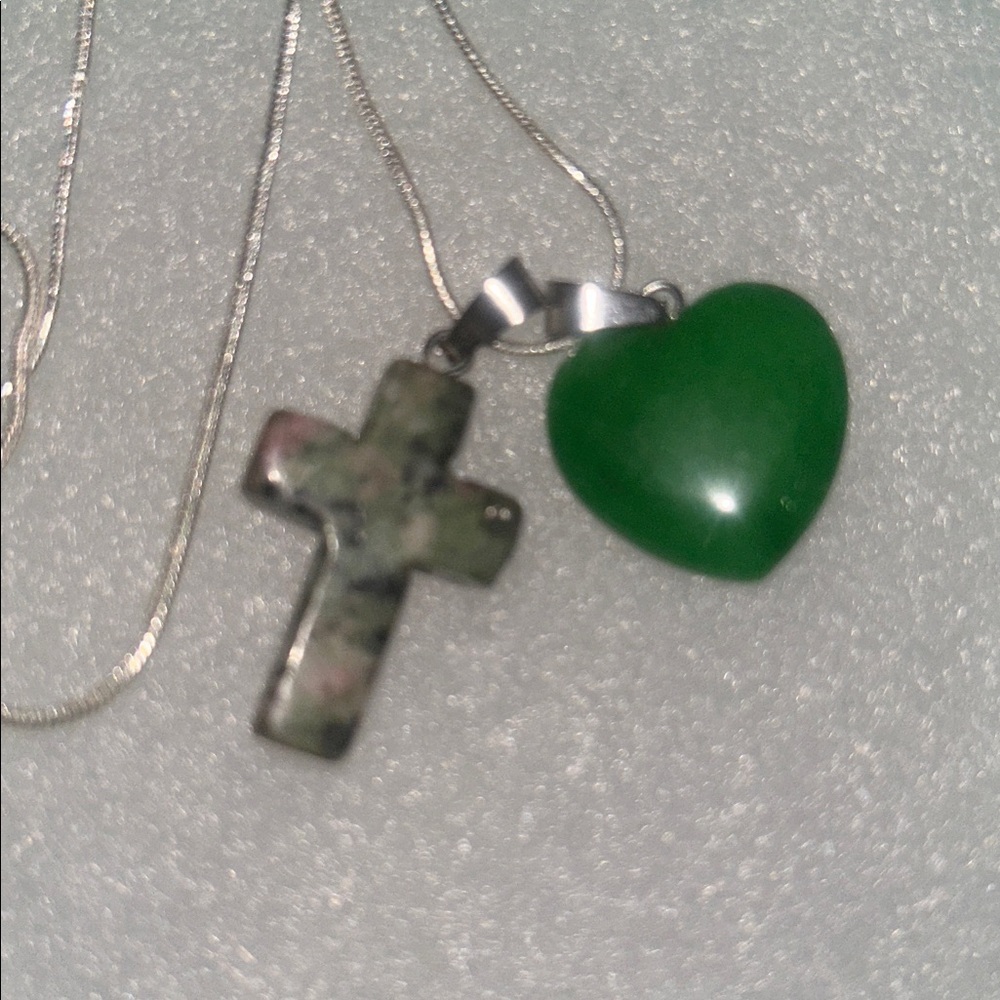 Boho hippie Ruby in Zoisite Cross and Jade Heart Sterling Silver 16” Necklace